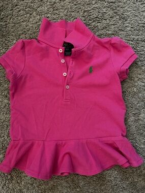 Ralph Lauren Kids Bright Pink Polo Peplum Top with Green Pony